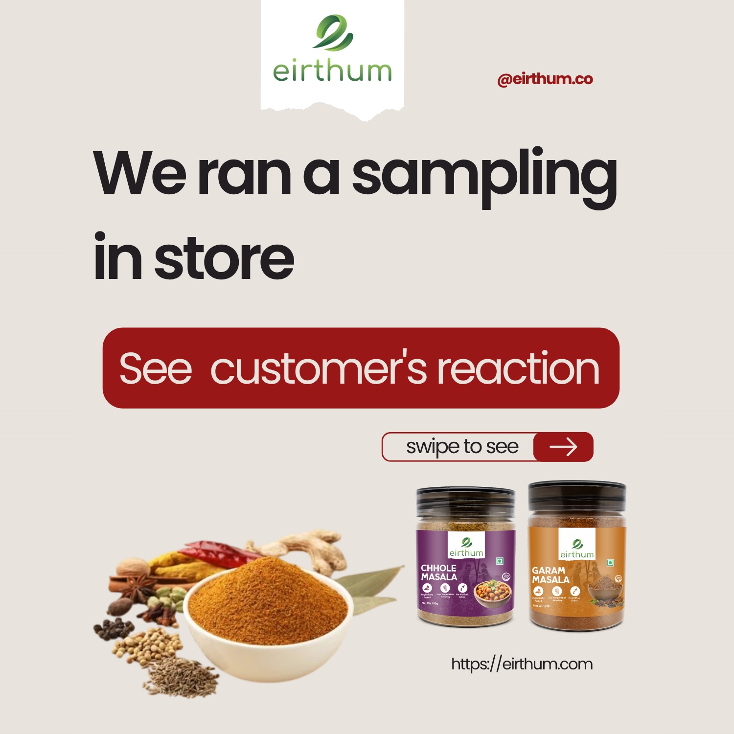 Don't just trust us. Test us. 

At our in-store sampling at Modern Bazaar, Aero City, a customer worried about adulteration asked a fair question: "Can I test it?"

He bought EIRTHUM and other brands, then ran the test right there in the store. In his own test, EIRTHUM came out best. He bought every SKU we had, and said what he liked most was that what we show in our lab report is really what's inside.

That's the idea behind EIRTHUM. Food is personal, and it's about your health, so we want you to test us, not just believe us.

Ready to test it yourself? Visit eirthum.com 🌿

#EIRTHUM #IndianSpices #PureSpices #FoodSafety #Transparency #TestBeforeYouTrust
